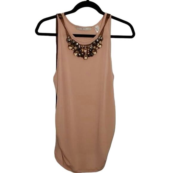 Mango MNG Woman Size L Nude Beaded Tank Top Sleeveless Blouse Ruched Hip - Picture 1 of 8